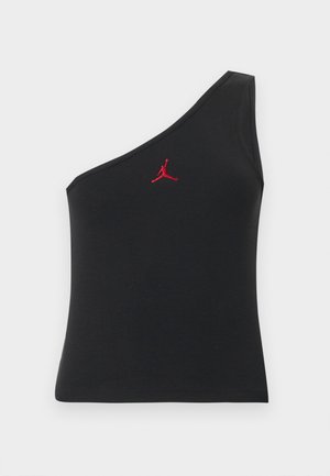 Svart ensidig ribbestrikket crop-top med en liten rød Jumpman-logo plassert midt nær nakken.