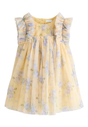 Rochie galbenă fără mâneci pentru fete, cu model floral albastru, detalii volanate la umeri și fustă strânsă.