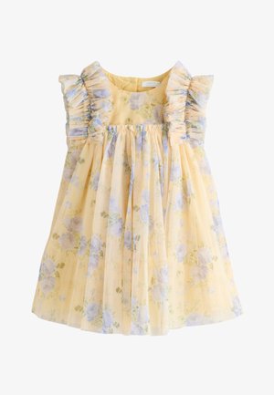 Robe jaune sans manches pour fille avec motif floral bleu, détails volantés aux épaules et jupe froncée.