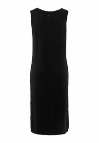 Svart ärmlös klänning gjord av texturerad tyg, med en enkel halsringning och en liten knappdetalj på baksidan.
