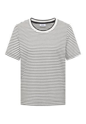 Biała koszulka z krótkim rękawem i okrągłym dekoltem, z cienkimi poziomymi czarnymi paskami i czarną lamówką przy dekolcie.