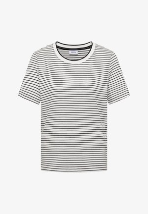 Biała koszulka z krótkim rękawem i okrągłym dekoltem, z cienkimi poziomymi czarnymi paskami i czarną lamówką przy dekolcie.