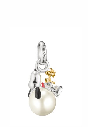 Silberanhänger mit Snoopy und Woodstock auf einer großen weißen Perle. Enthält farbige Details und eine Schlaufe zum Anhängen.
