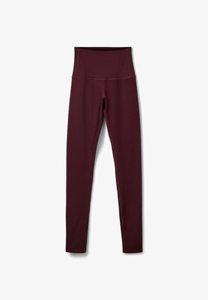 Burgundinės aukšto liemens legging'ų kelnės, pagamintos iš tamprus ir lygaus audinio. Ypatybės: be siūlių dizainas ir prigludusi siluetas, tinkantis aktyviam laisvalaikiui.