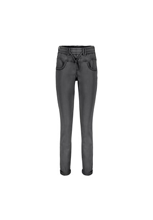 Grå denimjeans med slim fit, elastisk talje, fem lommer og oprullede manchetter, med stikninger langs sømmene.