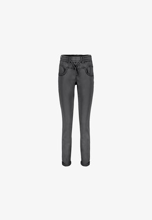 Grå denimjeans med slim fit, elastisk talje, fem lommer og oprullede manchetter, med stikninger langs sømmene.