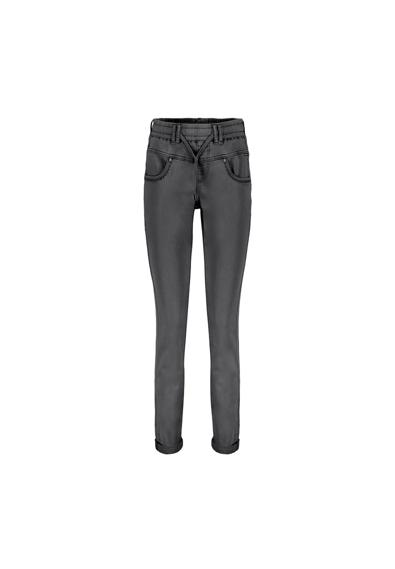 Grå denimjeans med slim fit, elastisk talje, fem lommer og oprullede manchetter, med stikninger langs sømmene.