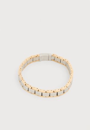 Βραχιόλι με διχρωμικούς μεταλλικούς κρίκους, εναλλάξ ασημένια και χρυσά ορθογώνια στοιχεία, με ασφαλές κούμπωμα.