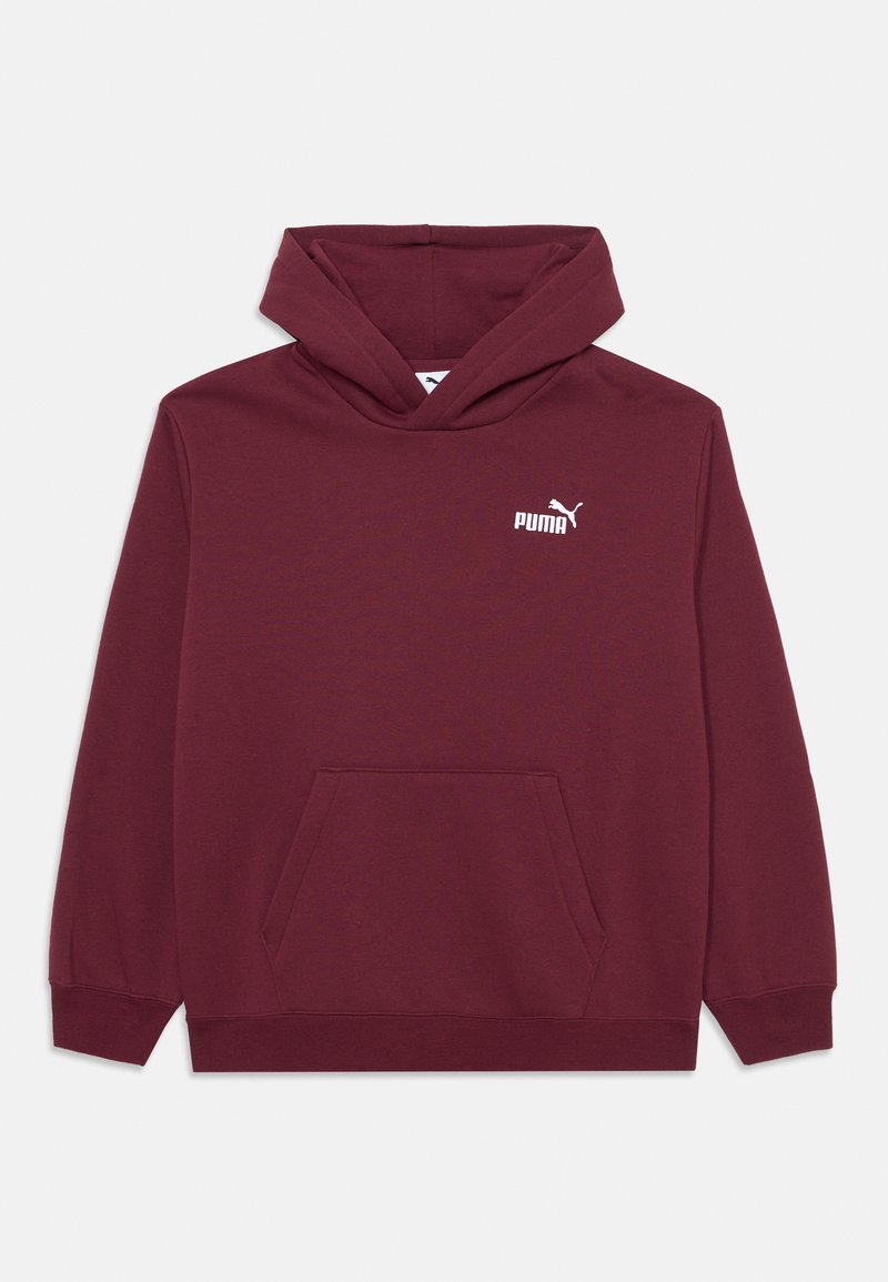 Bordeaux hettegenser med frontlomme, ribbede mansjetter og en liten hvit Puma-logo på brystet. Laget av myk, strukturert stoff.