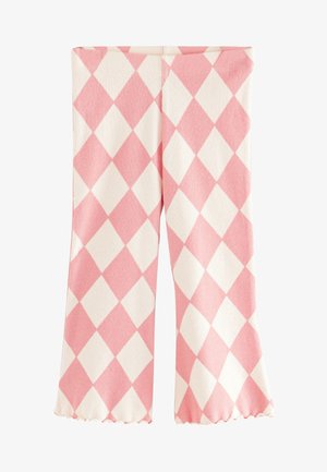 Rosa-weiß gemusterte Strickhose mit ausgestelltem Bein und gewelltem Saum.