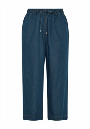 Locker sitzende dunkelblaue Jeanshose mit elastischem Bund und verstellbarem Kordelzug, geraden Beinen und ohne sichtbare Taschen.