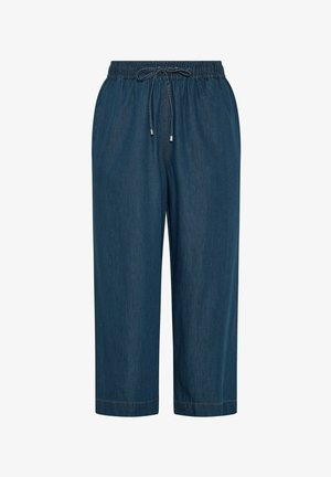 Loszittende donkerblauwe spijkerbroek met elastische tailleband en verstelbaar trekkoord, rechte pijpen en zonder zichtbare zakken.