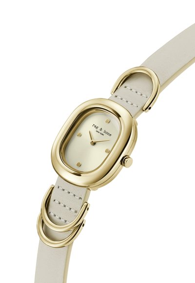 Goldfarbene Uhr mit rechteckigem Ziffernblatt, cremefarbenem Zifferblatt und drei Punktmarkierungen. Sie verfügt über ein hellbeiges Lederarmband mit doppelten Schlaufenakzenten.