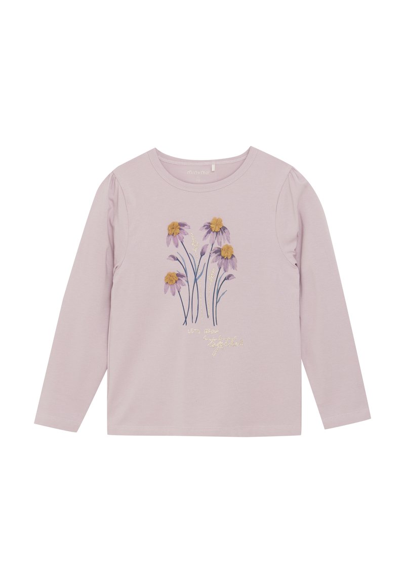 Langärmliges, helllila Baumwollhemd mit bestickten Blumen in Gelb und Lila, mit einem goldenen Textakzent nahe dem Saum.
