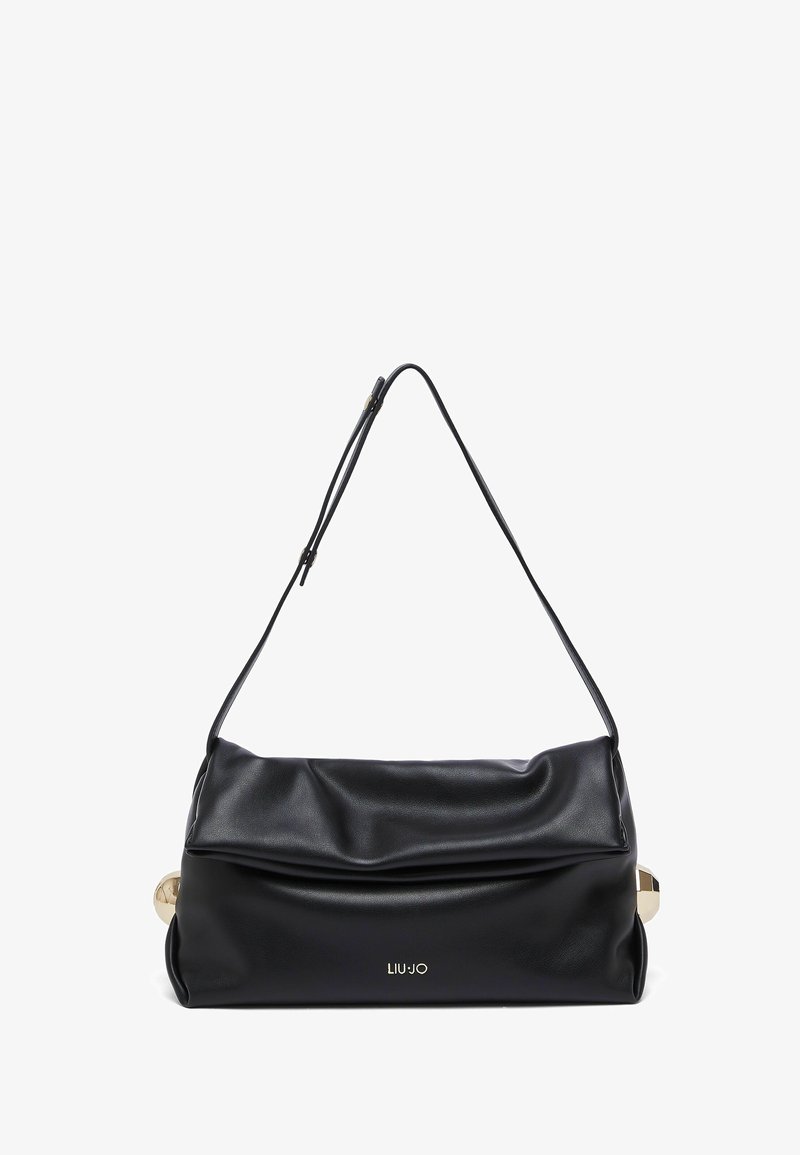 Sac à épaule en cuir souple noir avec bandoulière réglable, ferrures dorées sur les côtés et logo "LIU·JO" au centre devant.