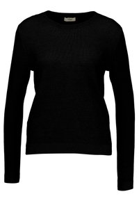 Schwarzer Strickpullover mit langen Ärmeln, rundem Ausschnitt und gerippten Bündchen und Saum. Einfaches Design, glatte Textur und leichtes Material.