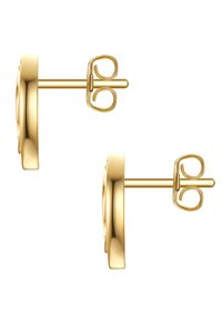 Guldtonade stiftörhängen med en slät, rundad form och en fjärilskläpp. Har en polerad yta och subtila reflektioner.