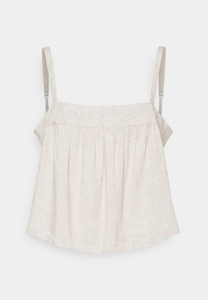 Top beige in lino senza maniche con sottili spalline regolabili e corpino arricciato e fluente.
