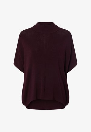 Bordeauxrode gebreide tuniek met een hoge kraag, vleermuismouwen en een gebogen zoom. Zachte structuur met subtiele geribbelde details overal.