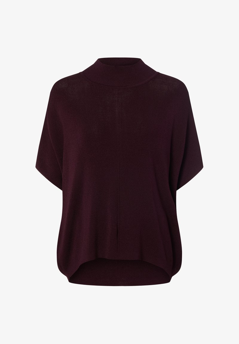 Bordeauxrode gebreide tuniek met een hoge kraag, vleermuismouwen en een gebogen zoom. Zachte structuur met subtiele geribbelde details overal.