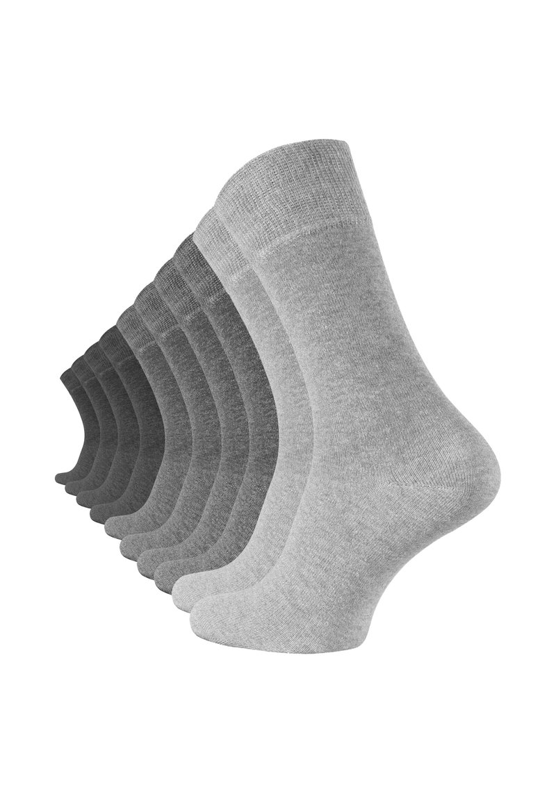 Set of ten pairs of gray socks, varying shades from dark to light, with a ribbed cuff and smooth texture, displayed side by side.
