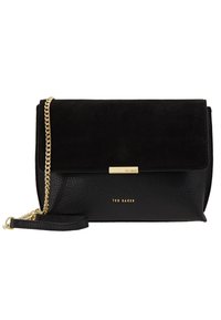 Černá kožená psaníčka s texturovaným povrchem, semišovým horním klopou, řetízkovým popruhem ve zlatém tónu a logem. Kompaktní s vytvarovaným tvarem.