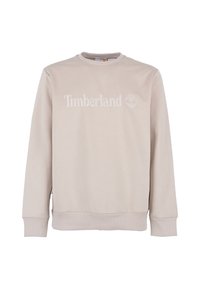 Felpa beige con colletto a girocollo, logo "Timberland" ricamato, polsini e orlo a coste, texture liscia e vestibilità rilassata.