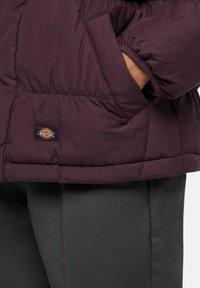 Giacca imbottita bordeaux con una texture morbida, dotata di una tasca laterale e un piccolo logo patch Dickies. Abbinata a pantaloni di tessuto neri.