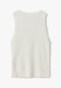 Top a maniche corte bianco in maglia a coste, con scollo rotondo e una silhouette leggermente aderente. Tessuto morbido con dettagli di cucitura ridotti al minimo.