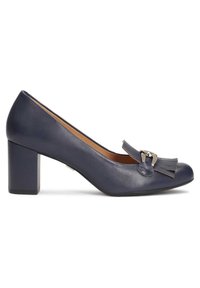 Navy leather pump with a rounded toe, block heel, decorative bow and fringe detail, and a metallic accent on the front.