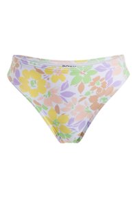 Blommig bikiniunderdel i pastellfärger med gula, gröna och lavendelfärgade blommor på en vit bakgrund. Slätt tyg, medelhög design.