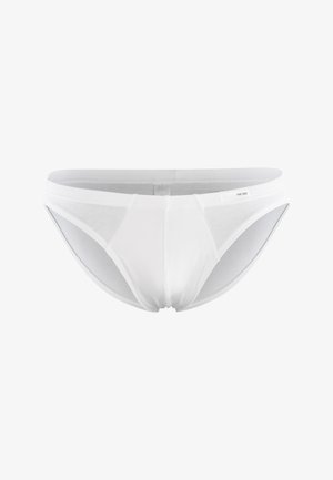 Ropa interior tipo slip blanca para hombre con un bolsillo delantero contorneado y cintura elástica, mostrada sobre un fondo blanco liso.