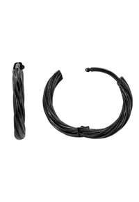 Verdrehte schwarze Metall-Hoop-Ohrringe mit runder Form, glatter Textur und einem sicheren Schlossdetail für einfaches Tragen.