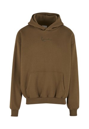 Pruun dressipluus eesmise tasku, soonikkoes mansettide ja äärega. Rinnale on tikitud roheline logo. Pehme kangapind.