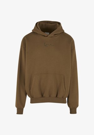 Pruun dressipluus eesmise tasku, soonikkoes mansettide ja äärega. Rinnale on tikitud roheline logo. Pehme kangapind.