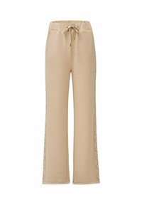Beige joggings met een trekkoord in de taille, brede pijpen en een decoratief geometrisch patroon langs de zijkanten. Zijdezachte textuur, casual ontwerp.