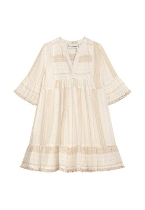 Cremefarbenes knielanges Kleid mit beigen vertikalen Streifen, 3/4-Ärmeln, Fransenbesatz und V-Ausschnitt mit kleinem Kragen.