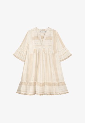 Cremefarbenes knielanges Kleid mit beigen vertikalen Streifen, 3/4-Ärmeln, Fransenbesatz und V-Ausschnitt mit kleinem Kragen.