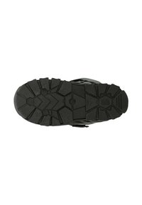 Zwarte hikingschoen zool met diepe groeven voor grip. Bevat verschillende textuurpatronen en een robuuste, duurzame rubberen constructie.