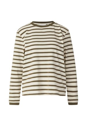 Maglia a maniche lunghe color crema con strisce orizzontali verde oliva. Presenta un collo a girocoste e una texture del tessuto morbida e liscia.