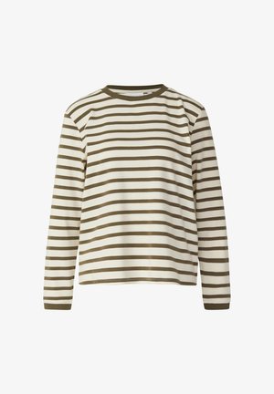 Bluzka z długim rękawem w kolorze kremowym z oliwkowozielonymi poziomymi paskami. Posiada prążkowany okrągły dekolt oraz miękką, gładką fakturę tkaniny.