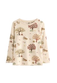 Crème lange mouwen shirt met herfstbomen, katten, paddenstoelen en picknickmand patronen in warme aardetinten.