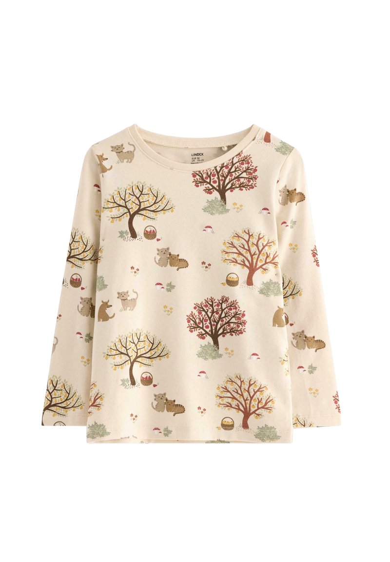 Crème lange mouwen shirt met herfstbomen, katten, paddenstoelen en picknickmand patronen in warme aardetinten.