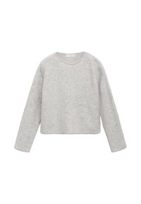 Pull en maille gris clair à manches longues, avec un col ras du cou et un ourlet légèrement raccourci, présenté sur fond blanc.