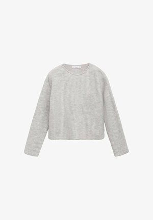 Pull en maille gris clair à manches longues, avec un col ras du cou et un ourlet légèrement raccourci, présenté sur fond blanc.