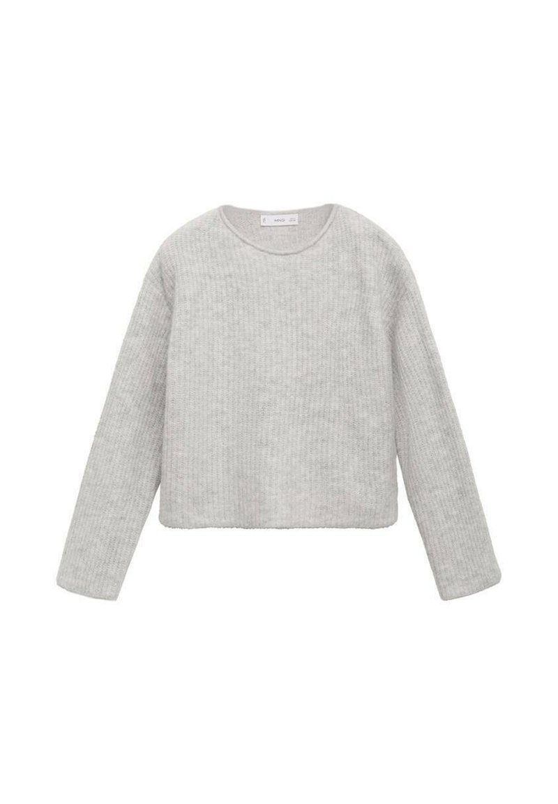 Pull en maille gris clair à manches longues, avec un col ras du cou et un ourlet légèrement raccourci, présenté sur fond blanc.