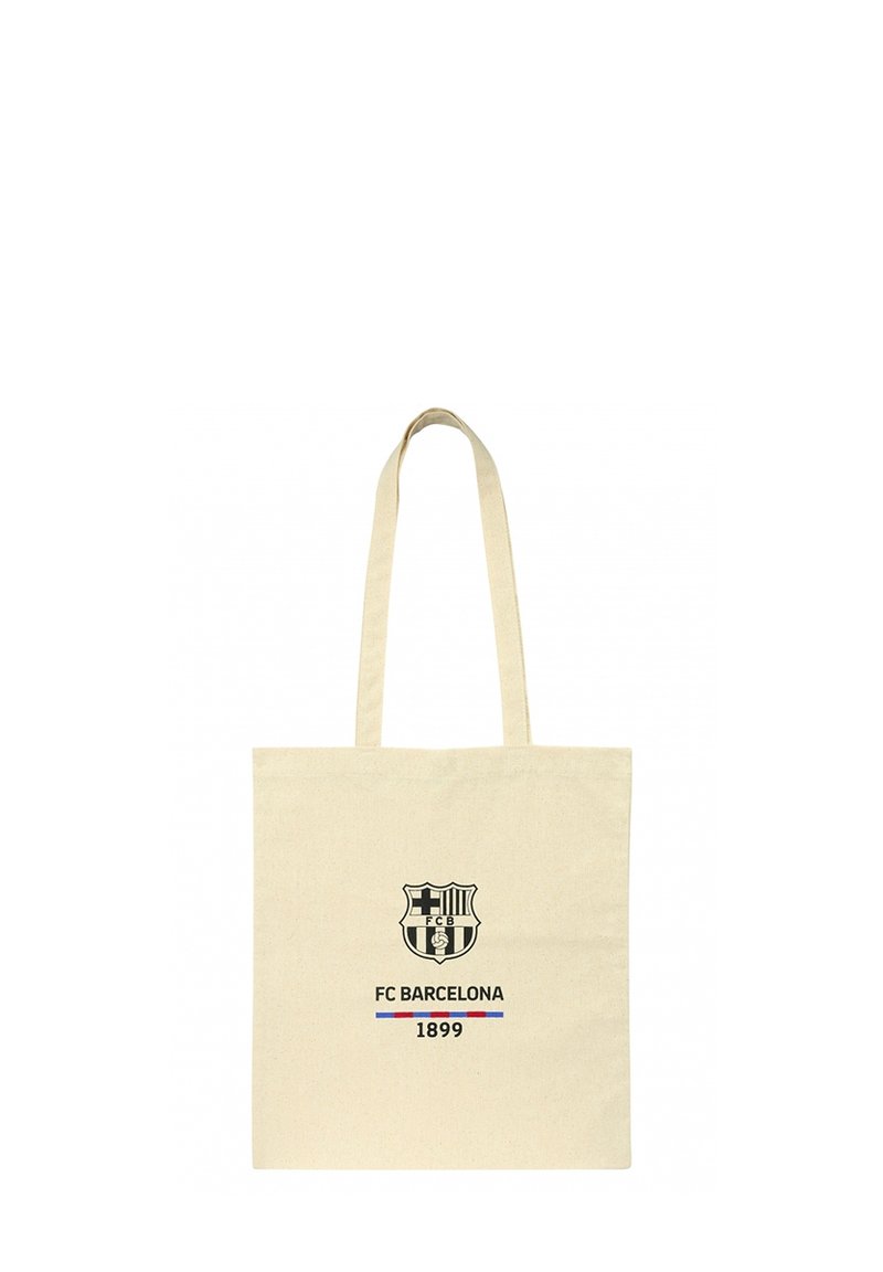 Kremowa torba na ramię z logo FC Barcelona, z napisem "FC BARCELONA" oraz "1899" poniżej emblematu.