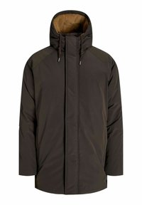 Tumši brūns mīksts jakas ar augstu apkakli un mākslīgās kažokādas oderi, ar sānu kabatām un priekšējo rāvējslēdzēju. Strukturēta auduma, brīva piegriezuma.