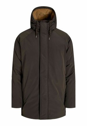 Tamno smeđa mekana jakna s visokim ovratnikom i krznom od umjetne vune, s bočnim džepovima i prednjim zatvaračem. Teksturirana tkanina, ležeran kroj.