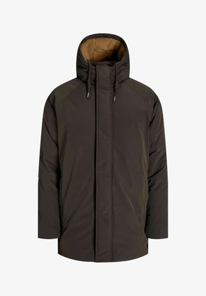 Tumši brūns mīksts jakas ar augstu apkakli un mākslīgās kažokādas oderi, ar sānu kabatām un priekšējo rāvējslēdzēju. Strukturēta auduma, brīva piegriezuma.